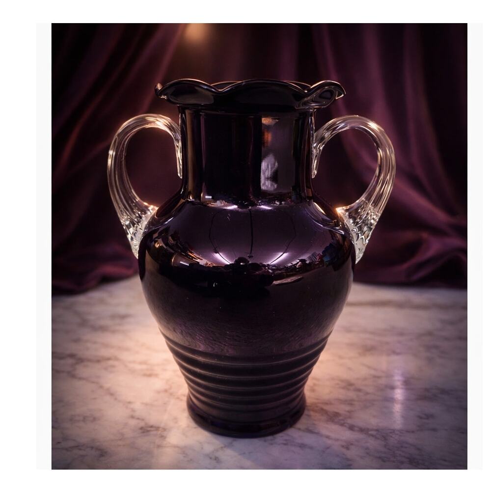 Antique Black Amethyst Glass Vase w/Clear Applied Handles, Ribbed Base 10" Tall